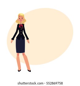 Full length portrait of beautiful blond haired stewardess in black uniform, cartoon vector on background with place for text. Cartoon air stewardess, cabin crew wearing uniform and red tie