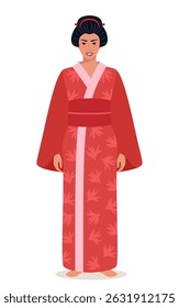 Full length portrait of beautiful geisha in Japanese kimono. Symbol of Japan. Young Japanese woman wearing traditional kimono with floral pattern.