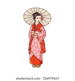 Full length portrait of beautiful geisha in Japanese kimono with paper umbrella, cartoon vector illustration on white background. Beautiful Japanese, Asian geisha, woman in kimono with umbrella