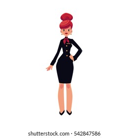 Full length portrait of beautiful red haired stewardess in black uniform, cartoon vector illustration isolated on white background. Cartoon air flight attendant cabin crew wearing uniform and red tie