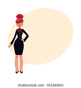 Full length portrait of beautiful red haired stewardess in black uniform, cartoon vector on background with place for text. Cartoon air stewardess, cabin crew wearing black uniform and red tie