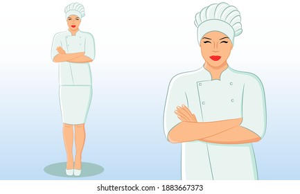 Full length and Portrait of beautiful smiling young woman chef or cook wearing chef hat and uniform. Food Influencer, Cooking class, Video tutorial. Vector illustration