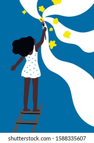 Full length portrait of black girl standing and drawing flowers on the wall, cartoon vector illustration on white background.  
