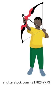 Full length portrait of a boy about to shoot a bow, flat vector, isolate on white background