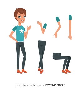 Full length portrait of boy in casual clothes, legs and arms collection. Cute boy character creation, constructor for animation cartoon vector illustration