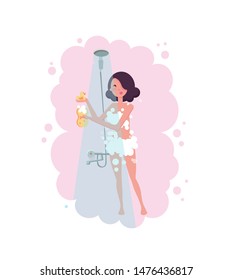 Full Length Portrait Of Brunette Young Beautiful Woman Taking A Shower In The Bathroom With Sponge. Isolated Pink Water Steam On White Background. Flat Cartoon Vector Illustration.