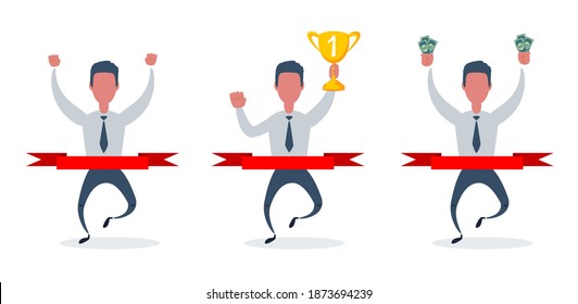 Full length portrait of a businessman running at the finish line. Happy man crosses finish line with trophy . Vector set collection flat design illustration.