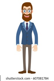 Full Length Portrait Of Cartoon Hipster Businessman. Character For Rigging And Animation. Vector Illustration In A Flat Style.