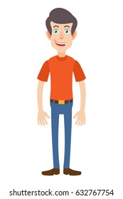 Full length portrait of Cartoon Man in red t-shirt. Character for rigging and animation. Vector illustration in a flat style.