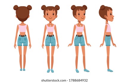 Full Length Portrait of Cheerful Girl Character in Fashionable Clothes from Different Sides Front, Back and Side View, Cartoon Style Vector Illustration