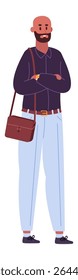Full length portrait of a confident businessman standing with arms crossed, wearing a shoulder bag, exuding professionalism and success in the corporate world