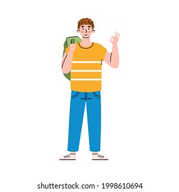 Full Length Portrait Of A Confident Cheerful Young Man Or Student With Backpack Showing Ok Sign, Cartoon Vector Illustration Isolated On White Background.