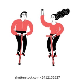 Full length portrait of a couple  bouncing on a pogo stick on white background. Hand drawn vector illustration doodle style.