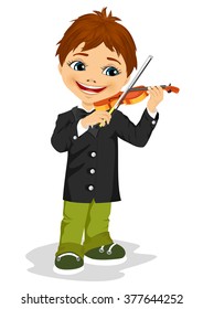 full length portrait of cute boy playing violin isolated on white background