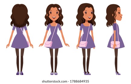 Full Length Portrait of Cute Brunette Girl Character in Fashionable Clothes from Different Sides Front, Back and Side View, Cartoon Style Vector Illustration