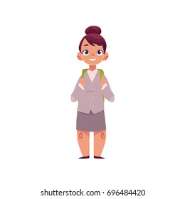 Full length portrait of cute little girl wearing school uniform, holding backpack, cartoon vector illustration isolated on white background. Cartoon little girl ready for school, full length portrait
