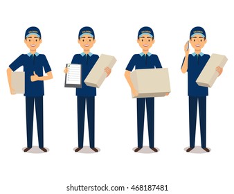 Full length portrait of delivery man in blue uniform holding boxes and documents