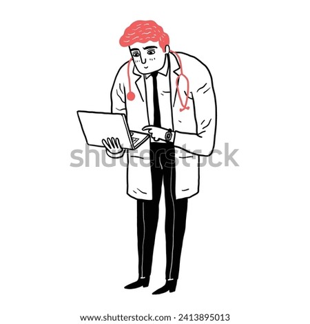 Full length portrait of doctor using laptop. Hand drawn vector illustration doodle style.