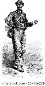Largo retrato de un soldado no identificado en los primeros días que sostiene un cigarrillo en la mano, dibujo vintage o ilustración grabadora.