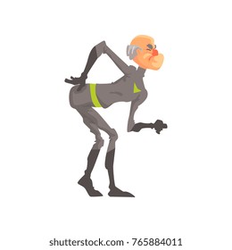 Full length portrait of elderly superhero suffering from back pain. Cartoon grandfather character dressed in classic black hero costume. Isolated flat vector