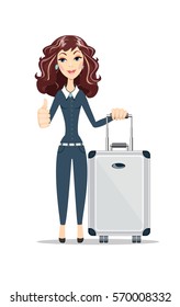 Full length portrait of excited young businesswoman with travel bag on white background. Thumb up. Female business model. Stock vector illustration