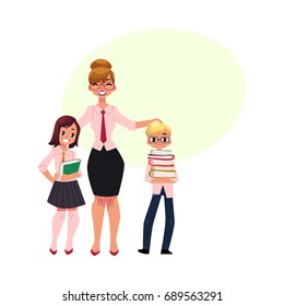Full length portrait of female teacher and two students - boy and girl holding books, cartoon vector illustration isolated on white background.