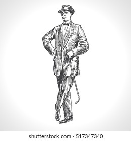 Full length portrait of a gentleman in a suit with cane. Elegant proud man. Hand drawn vector illustration in vintage engraved style