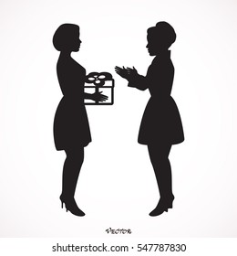 Full length portrait of a girl holding a gift and surprised woman isolated on white background.  flat style.  Icon Isolated on White Background