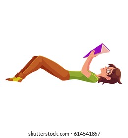 Full length portrait of girl, woman in glasses reading book while lying on her back, cartoon vector illustration isolated on white background. Girl, woman in glasses reading a book in lying position