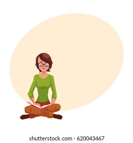 Full length portrait of girl, woman in glasses reading book while sitting with legs crossed, cartoon vector illustration with space for text. Girl, woman sitting legs crossed, reading book