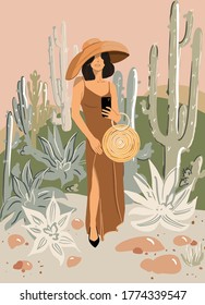 Full length portrait of a gorgeous lady with hat and bag on a tropical background. Vector illustration in flat style