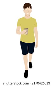 Retrato largo y completo de un hombre que camina con una taza de café de papel en su mano, vector aislado en un fondo blanco, café para ir