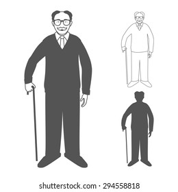 Full length portrait of an handsome old man standing with cane isolated on white background. Vector illustration. 
Realistic image.
Full body man isolated on white background.