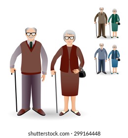 Full Length Portrait Of An Handsome Old Man Standing With Cane
And Nice Old Woman Standing With Cane. Family. Grandfather And Grandmother. Realistic Image.