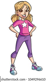 Full length portrait of a happy blonde girl smiling while wearing pink and purple casual clothes outdoors during summer against white background for copy space
