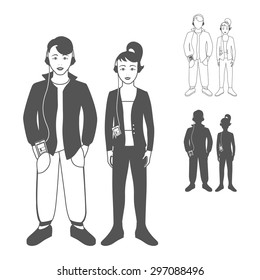 Full length portrait of a happy boy in sportswear and girl, standing and smiling with cellphone and headphones. Family, brother and sister. Set, isolated on white background. Vector illustration. 