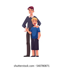 Full length portrait of happy father and son standing together, cartoon vector illustration isolated on white background. Teenage boy showing thumb up standing together with his dad, happy and smiling