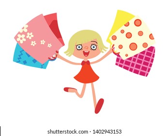 Full length portrait of a happy pretty girl running with colorful shopping bags in hands. Illustration summer shopping. Isolated on white background.