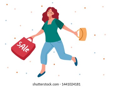 Full length portrait of a happy pretty girl holding shopping bags while running. Element for advertising big sales. Vector illustration in cartoon style 
