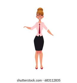 Full length portrait of happy, smiling female teacher, cartoon vector illustration isolated on white background. Beautiful cartoon teacher, business woman, businesswoman smiling happily