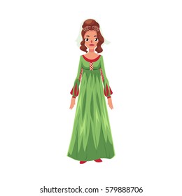 Full length portrait of Italian woman in Renaissance high waist dress, cartoon vector illustration isolated on white background.
