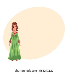 Full length portrait of Italian woman in Renaissance high waist dress, cartoon vector illustration with place for text. Medieval, Renaissance Italian woman in traditional historical dress