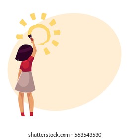 Full length portrait of little girl standing and drawing sun on the wall, cartoon vector illustration on background with place for text. Rear view of little girl painting, drawing sun with a big brush