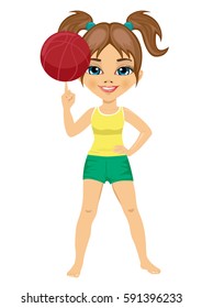 full length portrait of little girl spinning basketball ball with her finger
