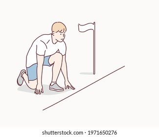 Full length portrait of a man ready to run isolated on white background. Success, race, competition. Hand drawn style vector design illustrations.