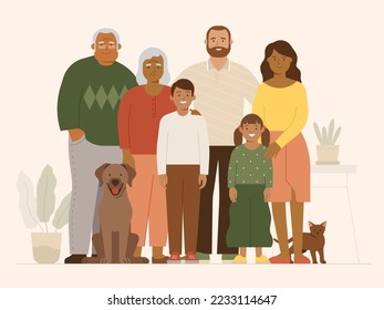 Full length portrait of multiracial family with children, mother, father, grandfather, grandmother and pets. Flat vector illustration isolated