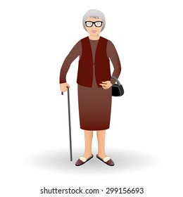 Full length portrait of an nice old woman standing with cane isolated on white background. Vector illustration. 
Realistic image.Full body woman isolated on white background.