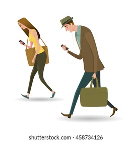 Full length portrait of people walking and texting or talking on the smart phone. Vector Illustration isolated on white background.