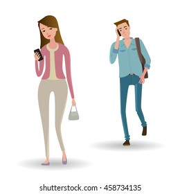 Full length portrait of people walking and texting or talking on the smart phone. Vector Illustration isolated on white background.