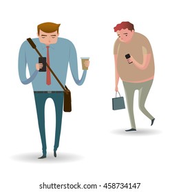 Full length portrait of people walking and texting or talking on the smart phone. Vector Illustration isolated on white background.